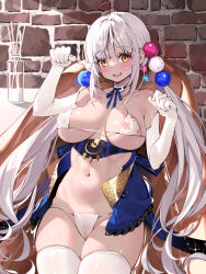 Rule 34 | 1girl, alternate hair color, alternate skin color, bare shoulders, bikini, blush, breasts, cameltoe, cleavage, cleft of venus, covered erect nipples, elbow gloves, gloves, hair ornament, highres, hololive, hololive english, limiter (tsukumo sana), long hair, looking at viewer, medium breasts, navel, open mouth, planet, planet hair ornament, smile, solo, sweat, swimsuit, thighhighs, tsukumo sana, twintails, very long hair, virtual youtuber, waterring, white hair, yellow eyes