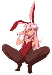 Rule 34 | 1girl, absurdres, animal ears, bare shoulders, blush, breasts, brown pantyhose, chawan (yultutari), chloe von einzbern, closed mouth, dark-skinned female, dark skin, detached collar, fake animal ears, fate/kaleid liner prisma illya, fate (series), highleg, highleg leotard, highres, legs, leotard, licking lips, long hair, looking at viewer, orange eyes, pantyhose, pink hair, playboy bunny, rabbit ears, red leotard, simple background, small breasts, smile, spread legs, squatting, strapless, strapless leotard, tongue, tongue out, v, white background, wrist cuffs