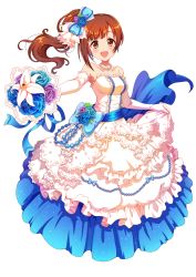 Rule 34 | 1girl, :d, bad id, bad pixiv id, blue bow, blue flower, blue ribbon, blue rose, bouquet, bow, breasts, brown eyes, brown hair, collarbone, dress, earrings, elbow gloves, floating hair, flower, full body, gloves, hair bow, hair flower, hair ornament, highres, holding, holding bouquet, idolmaster, idolmaster cinderella girls, igarashi kyoko, jewelry, long dress, long hair, looking at viewer, medium breasts, necklace, onumi, open mouth, purple flower, purple rose, ribbon, rose, side ponytail, simple background, skirt hold, sleeveless, sleeveless dress, smile, solo, standing, strapless, strapless dress, white background, white dress, white gloves
