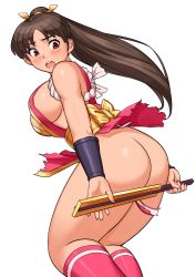 Rule 34 | 1girl, ass, breasts, butt crack, covering privates, covering ass, fatal fury, folded fan, folding fan, hand fan, highres, large breasts, no panties, parted bangs, pelvic curtain, ponytail, revealing clothes, shigenobu, shiranui mai, simple background, solo, surprised, torn clothes, white background