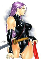 Rule 34 | 1girl, artist request, blue leotard, blue thighhighs, breasts, curvy, highleg, highleg leotard, highres, katana, large breasts, leotard, long hair, looking to the side, marvel, psylocke, purple eyes, purple hair, shiny clothes, shiny skin, skindentation, solo, standing, superhero costume, sword, thighhighs, thong leotard, weapon, white background, wide hips, x-men