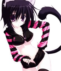 Rule 34 | 1girl, animal ears, black hair, black x pink, blush, breasts, cat ears, cat tail, midriff, nanao naru, no panties, open clothes, open fly, open shorts, purple eyes, short hair, shorts, solo, tail, thighhighs, transparent background, underboob, unzipped