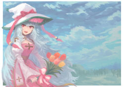 Rule 34 | 1girl, :d, arch bishop (ragnarok online), blue sky, border, bouquet, bow, breasts, brown sash, cleavage, cleavage cutout, clothing cutout, cloud, commentary request, cowboy shot, cross, day, dress, flower, hat, hat bow, highres, holding, holding bouquet, holding flower, juliet sleeves, long hair, long sleeves, looking at viewer, medium bangs, medium breasts, messy hair, mogukk, open mouth, orange flower, orange tulip, outdoors, outside border, pink bow, pink dress, pink eyes, puffy sleeves, ragnarok online, red flower, red tulip, sky, smile, solo, tulip, two-tone dress, very long hair, white border, white bow, white dress, white hair, witch hat, yellow flower, yellow tulip