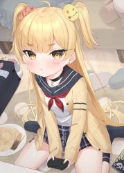 Rule 34 | 1girl, :t, ahoge, bag, black choker, black sailor collar, black skirt, black socks, blonde hair, blush, brown cardigan, cardigan, chips (food), choker, closed mouth, collarbone, commentary request, controller, earrings, food, game controller, grey footwear, hair ornament, hair scrunchie, highres, holding, jewelry, long hair, long sleeves, looking at viewer, neckerchief, nintendo, open cardigan, open clothes, original, pink scrunchie, plaid, plaid skirt, plate, pocky, potato chips, pout, red neckerchief, revision, sailor collar, school bag, school uniform, scrunchie, serafuku, shirt, short eyebrows, sitting, skirt, sleeves past wrists, slippers, socks, solo, splatoon (series), splatoon 3, stud earrings, stuffed animal, stuffed toy, teddy bear, thick eyebrows, tsukiman, two side up, very long hair, wariza, white shirt, yellow eyes
