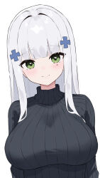 Rule 34 | 1girl, black sweater, blunt bangs, blush, breasts, cross hair ornament, girls&#039; frontline, green eyes, hair ornament, heart, heart in eye, hiepita97, highres, hk416 (girls&#039; frontline), impossible clothes, impossible sweater, large breasts, long hair, looking at viewer, simple background, solo, sweater, symbol in eye, upper body, white background, white hair