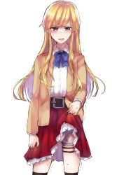 Rule 34 | 10s, 1boy, absurdres, belt, blonde hair, blue bow, blush, bow, bowtie, brown jacket, commentary request, cowboy shot, crossdressing, garter straps, hakata tonkotsu ramens, highres, jacket, lin xianming, long hair, male focus, mochiko (mocchikkoo), pleated skirt, red skirt, simple background, skirt, solo, trap, underwear, white background