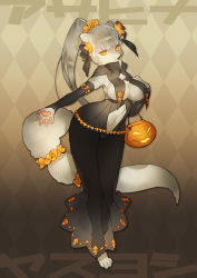 Rule 34 | 1girl, animal ears, argyle, argyle background, argyle clothes, barefoot, black dress, bow, breasts, clothing cutout, contrapposto, detached sleeves, dress, full body, furry, furry female, hair bow, halloween, high ponytail, jack-o&#039;-lantern, large breasts, long hair, looking at viewer, navel, navel cutout, orange eyes, original, ponytail, scrunchie, see-through, see-through silhouette, sengoku bushouki muramasa, silver hair, slit pupils, smile, solo, standing, tail, underboob, zhuzi