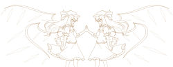 Rule 34 | 1girl, dual persona, eye contact, female focus, flandre scarlet, grin, hat, highres, lineart, long hair, long image, looking at another, miki (mizuki), monochrome, smile, touhou, wide image, wings