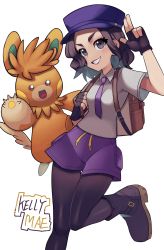 Rule 34 | 1girl, alternate hair color, alternate hairstyle, backpack, bag, boots, brown bag, commentary request, creatures (company), eyelashes, fingerless gloves, game freak, gloves, grey eyes, grey shirt, grin, hat, highres, holding strap, juliana (pokemon), kellymae, leg up, medium hair, necktie, nintendo, pantyhose, pawmot, pokemon, pokemon (creature), pokemon sv, purple headwear, purple necktie, purple shorts, shirt, short sleeves, shorts, simple background, smile, teeth, white background