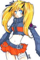Rule 34 | 1girl, artist request, bandages, belt, belt buckle, black jacket, black ribbon, blonde hair, blue eyes, blush, breasts, buckle, chain, facial mark, facing viewer, fishnet top, fishnets, genderswap, genderswap (mtf), hair ornament, hair ribbon, hair tie, holster, jacket, large breasts, long hair, long sleeves, looking at viewer, midriff, miniskirt, multicolored clothes, multicolored jacket, naruko (naruto), naruto, naruto (series), navel, orange jacket, orange skirt, parted lips, ribbon, simple background, skirt, solo, standing, thigh holster, thigh strap, twintails, uzumaki naruto, whisker markings, whiskers, white background, zipper, zipper pull tab