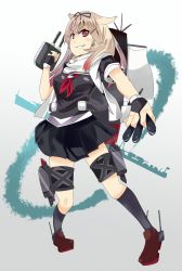 Rule 34 | 10s, 1girl, blonde hair, cannon, commentary request, fingerless gloves, gloves, gradient background, grin, hair flaps, hair ornament, hair ribbon, hairclip, highres, holding, holding weapon, kantai collection, looking at viewer, neckerchief, pigeon-toed, pleated skirt, red eyes, red neckerchief, ribbon, rigging, scarf, school uniform, serafuku, shiny skin, shoes, skirt, smile, socks, solo, thigh strap, torpedo, weapon, yet you, yuudachi (kancolle), yuudachi kai ni (kancolle)