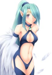Rule 34 | 1girl, aqua hair, arms behind back, bad id, bad pixiv id, bare shoulders, blush, body blush, breasts, circlet, cleavage, collarbone, duel monster, feathers, female focus, gem, hair over one eye, harpie queen, harpy, highres, komimiyako, long hair, long image, looking at viewer, midriff, monster girl, navel, pointy ears, ponytail, purple eyes, shiny skin, simple background, smile, solo, standing, tall image, thighhighs, very long hair, white background, wings, yu-gi-oh!, yu-gi-oh! duel monsters