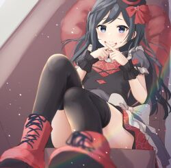 Rule 34 | 1girl, :t, absurdres, black dress, black hair, black hat, black thighhighs, black wrist cuffs, blush, boots, closed mouth, couch, cross-laced footwear, crossed fingers, dress, feet up, grey eyes, hat, heart, heart print, highres, idol clothes, index finger raised, lace-up boots, light particles, long hair, looking at viewer, love live!, love live! nijigasaki high school idol club, lying, mini hat, mini top hat, nail polish, on back, on couch, one side up, pout, puffy short sleeves, puffy sleeves, red dress, red footwear, red nails, short sleeves, sidelocks, solo, thighhighs, thighs, top hat, unfinished, wavy mouth, wrist cuffs, yuki setsuna (love live!), yutuki ame