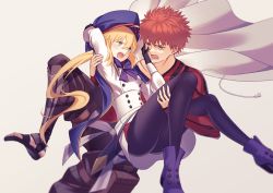 Rule 34 | 1boy, 1girl, ahoge, annoyed, artoria caster (fate), artoria caster (second ascension) (fate), artoria pendragon (fate), blonde hair, blue ribbon, blurry, blush, boots, brown eyes, carrying, cloak, coat, depth of field, emiya shirou, fate/grand order, fate (series), gloves, green eyes, hand on another&#039;s face, hat, highres, ka ki o, open mouth, pantyhose, princess carry, red hair, ribbon, senji muramasa (fate), simple background, spiked hair, white background