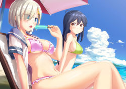 Rule 34 | 10s, 2girls, ahoge, bare arms, beach umbrella, bikini, black hair, blue eyes, blush, breasts, day, frilled bikini, frills, from side, hair ornament, hair over one eye, hairclip, hamakaze (kancolle), kantai collection, large breasts, long hair, looking at another, multiple girls, navel, ocean, open clothes, open mouth, open shirt, outdoors, sawada yuusuke, school uniform, shirt, short hair, silver hair, smile, strap gap, sweat, swimsuit, umbrella, ushio (kancolle), water