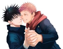 Rule 34 | 2boys, black hair, black jacket, blue eyes, cheek-to-cheek, closed mouth, couple, dancing, eye contact, fushiguro megumi, heads together, highres, holding hands, itadori yuuji, jacket, jujutsu kaisen, looking at another, male focus, marukome0816, multicolored clothes, multicolored jacket, multiple boys, one eye closed, pink hair, short hair, simple background, smile, spiked hair, two-tone jacket, upper body, white background, yaoi, yellow eyes
