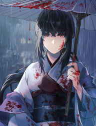 Rule 34 | 1girl, absurdres, black hair, blood, blood on clothes, blood on face, blood on hands, closed mouth, commentary, english commentary, highres, holding, holding umbrella, japanese clothes, kimono, long hair, long sleeves, mkr (wepn3428), oil-paper umbrella, ponytail, rain, red eyes, rurouni kenshin, solo, umbrella, white kimono, wide sleeves, yukishiro tomoe