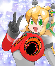 antennae armor bikini_armor blonde_hair breasts buta_otoko green_eyes green_ribbon hair_ribbon hairband headphones highres hyper_roll_(marvel_vs._capcom) joints large_breasts long_hair looking_at_viewer marvel_vs._capcom mechanical_arms mega_man_(classic) mega_man_(series) open_mouth ponytail radio_antenna red_armor ribbon robot robot_girl robot_joints roll_(mega_man) shoulder_armor sidelocks smile v