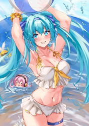 Rule 34 | 3girls, ahoge, armpits, arms up, ball, beachball, bikini, blonde hair, blue eyes, blue hair, breasts, collarbone, cowboy shot, day, earrings, goggles, hair between eyes, hatsune miku, headband, highres, holding, holding ball, inue ao, jewelry, kagamine rin, large breasts, long hair, megurine luka, multiple girls, navel, ocean, open mouth, outdoors, parted lips, partially submerged, pink hair, smile, snorkel, standing, swimsuit, takoluka, teeth, thigh strap, tongue, twintails, vocaloid, water