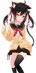 Rule 34 | 1girl, absurdres, ahoge, animal ears, black sailor collar, black thighhighs, brown hair, brown skirt, cardigan, cat day, cat ears, cat girl, cat tail, commission, highres, long hair, neckerchief, okomeillust, red eyes, red neckerchief, sailor collar, school uniform, serafuku, simple background, single thighhigh, skeb commission, skirt, solo, tail, thighhighs, twintails, vrchat, white background, yellow cardigan