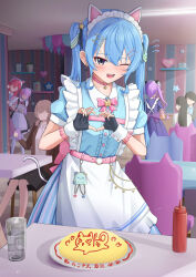 Rule 34 | 1boy, 1girl, 6+girls, animal ears, apron, bell, belt, black dress, black hair, black jacket, blonde hair, blue dress, blue eyes, blue hair, blue nails, blush, bow, bowtie, breasts, brown jacket, buttons, cat ears, cat tail, cellphone, chain, choker, collared shirt, cup, dress, drinking glass, faceless, faceless female, faceless male, fake animal ears, fingerless gloves, food, frilled shirt, frills, gloves, green nails, hair between eyes, hair ornament, hair ribbon, hairclip, heart, heart hands, highres, hiiragi melt, hololive, hoshimachi suisei, jacket, jingle bell, ketchup bottle, long hair, looking at viewer, maid, maid apron, minato aqua, multicolored hair, multiple girls, nail polish, neck bell, o-ring, o-ring belt, omelet, omurice, one eye closed, open clothes, open jacket, open mouth, pantyhose, peeking out, phone, pink bow, pink hair, pink nails, puffy short sleeves, puffy sleeves, purple bow, purple dress, purple eyes, purple hair, red dress, red hair, ribbon, sakura miko, shirt, short sleeves, short twintails, sitting, smartphone, smile, solo focus, standing, star (symbol), star hair ornament, star in eye, streaked hair, symbol in eye, table, tail, tokoyami towa, twintails, two-tone hair, virtual youtuber, white pantyhose, white shirt, wrist cuffs
