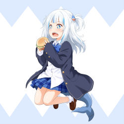 Rule 34 | + +, 1girl, absurdres, blazer, blue bow, blue bowtie, blue eyes, blue hair, blue jacket, blue skirt, blush, bow, bowtie, burger, collared shirt, commentary request, drooling, felutiahime, fins, fish tail, food, gawr gura, hair between eyes, hair ornament, highres, holding, holding food, hololive, hololive english, jacket, light blue hair, loafers, long hair, open clothes, open jacket, open mouth, plaid, plaid skirt, pleated skirt, shark girl, shark tail, sharp teeth, shirt, shoes, skirt, socks, solo, tail, teeth, two side up, virtual youtuber, white shirt, white socks