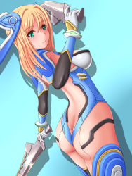Rule 34 | 1girl, alternate hairstyle, armor, ass, back, blonde hair, blush, breasts, butt crack, cyborg, dual wielding, elbow gloves, fiora (xenoblade), from behind, gloves, green eyes, highres, hiro (hankakudouga), holding, light smile, long hair, looking at viewer, looking back, mecha musume, nintendo, revealing clothes, shadow, sideboob, smile, solo, standing, super smash bros., sword, weapon, alternate universe, xenoblade chronicles (series)