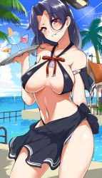 Rule 34 | 1girl, aoi renji, bare shoulders, bikini, black bikini, blush, breasts, breasts apart, covered erect nipples, cup, day, drinking glass, eyes visible through hair, hair intakes, halo, highres, kantai collection, large breasts, lens flare, light rays, looking at viewer, mechanical halo, navel, outdoors, palm tree, parted lips, purple eyes, purple hair, sarong, shiny skin, short hair, smile, solo, standing, sunbeam, sunlight, swimsuit, tatsuta (kancolle), teeth, tray, tree, water