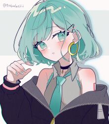 Rule 34 | 1girl, alternate hair color, alternate hairstyle, aqua eyes, aqua hair, aqua nails, bare shoulders, black choker, black hoodie, blush, breasts, choker, collarbone, collared shirt, cross-shaped pupils, earrings, flat chest, grey shirt, hair down, hatsune miku, head tilt, highres, hood, hoodie, jewelry, loose clothes, maca1227, number tattoo, open clothes, open collar, open hoodie, parted lips, partially unzipped, pink lips, shirt, short hair, shoulder blush, shoulder tattoo, skinny, small breasts, swept bangs, symbol-shaped pupils, tattoo, twitter username, vocaloid