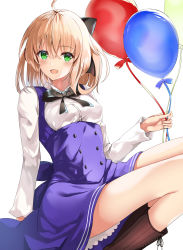 Rule 34 | 1girl, :d, ahoge, artoria pendragon (all), artoria pendragon (fate), balloon, black bow, black neckwear, black ribbon, blonde hair, blue dress, boots, bow, brown footwear, cross-laced footwear, dress, fate/grand order, fate/unlimited codes, fate (series), green eyes, hair bow, highres, holding, holding balloon, long sleeves, looking at viewer, open mouth, ribbon, saber lily, saber lily (festival outfit) (fate), short hair, simple background, sitting, smile, solo, tsukise miwa, white background