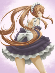 Rule 34 | 10s, 1girl, apron, brown hair, choker, detached sleeves, dress, elf, frilled dress, frilled sleeves, frills, from behind, hair ribbon, long hair, looking at viewer, looking back, maid, maid apron, maid headdress, myucel foalan, outbreak company, pointy ears, purple eyes, red ribbon, ribbon, simple background, smile, solo, tress ribbon, twintails, very long hair, waist apron, white background, yoruusagi