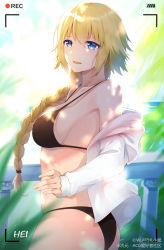 Rule 34 | 1girl, :d, absurdres, ahoge, artist name, ass, bare shoulders, bikini, black bikini, blonde hair, blue eyes, blue sky, blurry, blurry background, blush, braid, breasts, cloud, collarbone, day, fate (series), from side, hair over shoulder, hair tie, highres, jeanne d&#039;arc (fate), large breasts, light particles, long hair, long sleeves, looking at viewer, ocean, off shoulder, open mouth, outdoors, palm leaf, railing, recording, shirt, sideboob, sidelocks, single braid, sky, smile, solo, swimsuit, very long hair, viewfinder, watermark, white shirt, wuli