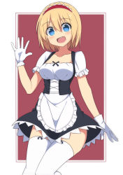 Rule 34 | 1girl, :d, alice margatroid, alternate costume, apron, bad id, bad pixiv id, black skirt, blonde hair, blue eyes, blush, border, breasts, collarbone, commentary request, corset, cross-laced clothes, enushi (toho193), feet out of frame, frilled apron, frills, gloves, hair between eyes, hairband, hand up, head tilt, highres, looking at viewer, medium breasts, open mouth, outside border, puffy short sleeves, puffy sleeves, red background, red hairband, shirt, short hair, short sleeves, simple background, skirt, smile, solo, thighhighs, thighs, touhou, waist apron, white apron, white border, white gloves, white shirt, white thighhighs, zettai ryouiki