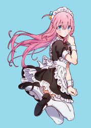 Rule 34 | 1girl, alternate costume, apron, aqua eyes, ass, black dress, black footwear, blue background, blush, bocchi the rock!, bomhat, closed mouth, commentary, dress, enmaided, floating hair, frills, full body, gotoh hitori, hair between eyes, hand up, highres, legs up, long hair, looking at viewer, maid, maid headdress, pink hair, shoes, short sleeves, simple background, solo, symbol-only commentary, thighhighs, white apron, white thighhighs, wrist cuffs