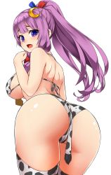 Rule 34 | 1girl, ass, ass focus, bare arms, bare shoulders, between buttocks, bikini, blunt bangs, blush, bow, breasts, chiroshiron, cow tail, crescent, crescent hair ornament, fake tail, from behind, hair bow, hair ornament, highres, large breasts, long hair, looking at viewer, patchouli knowledge, ponytail, purple eyes, purple hair, red bow, simple background, solo, striped bikini, striped clothes, swimsuit, tail, thighhighs, touhou, transparent background, underboob, white background, white bikini, white thighhighs