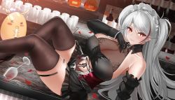 Rule 34 | alcohol, azur lane, bar (place), bare shoulders, bottle, breasts, collar, cup, drinking glass, elbow gloves, feet out of frame, gloves, hair streaks, hand on own chest, highres, jinpaitugounan, knees up, large breasts, lying, maid headdress, miniskirt, multicolored hair, navel, petals, prinz eugen (kindred evening spirits) (azur lane), skindentation, skirt, smile, thighhighs, twintails, two-tone hair, white hair, wine bottle, wine glass