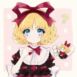 Rule 34 | 1girl, ?, aji (pokedegi), blonde hair, blue eyes, blush, border, bow, bowtie, brown shirt, brown skirt, closed mouth, curly hair, doll, finger to cheek, flower, frilled shirt collar, frilled sleeves, frills, hair ribbon, hand up, highres, index finger raised, lily of the valley, medicine melancholy, pink background, puffy short sleeves, puffy sleeves, red bow, red bowtie, red ribbon, red shirt, ribbon, ribbon-trimmed sleeves, ribbon trim, sash, shirt, short hair, short sleeves, sidelocks, sideways mouth, skirt, solo, su-san, touhou, white bow, white sash, | |