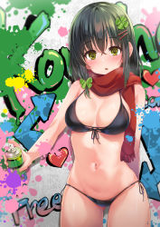 Rule 34 | 1girl, absurdres, bare shoulders, bikini, black bikini, black hair, blush, breasts, clover, clover hair ornament, cowboy shot, four-leaf clover, front-tie top, gluteal fold, graffiti, green eyes, hair between eyes, hair ornament, hairclip, highres, hitoi, holding, long hair, looking at viewer, medium breasts, natsume konoha, navel, open mouth, original, paint splatter, parted lips, red scarf, scarf, side-tie bikini bottom, solo, spray can, spray paint, spraying, string bikini, swimsuit