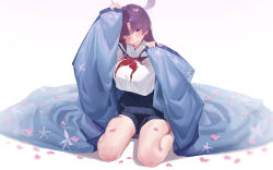 Rule 34 | 1girl, absurdres, bare legs, blue archive, blue skirt, blush, breasts, fang, halo, haori, highres, japanese clothes, large breasts, looking at viewer, neckerchief, parted lips, petal on head, petals, pleated skirt, purple eyes, purple hair, red neckerchief, rounan58287, school uniform, serafuku, shirt, simple background, sitting, skin fang, skirt, solo, wariza, white background, white shirt, yukari (blue archive)