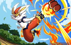 Rule 34 | absurdres, blue sky, rabbit, bush, cinderace, cloud, cloudy sky, commentary, creatures (company), day, deviantart username, english commentary, explosion, fire, furry, game freak, gen 8 pokemon, harlequinwaffles, highres, huge filesize, jumping, kicking, leaf, falling leaves, looking at viewer, nature, nintendo, outdoors, pokemon, pokemon (creature), signature, sky, smile, solo, watermark, web address