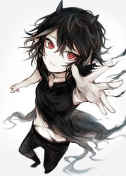 Rule 34 | 1girl, arm up, black dress, black footwear, black hair, black pants, boots, commentary request, demon girl, dress, grey background, hair between eyes, hasunokaeru, horns, long hair, midriff, original, outstretched arm, pants, parted lips, red eyes, short sleeves, simple background, smile, solo, standing, stitches