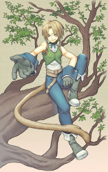 Rule 34 | 1boy, aqua eyes, bare shoulders, belt, blonde hair, blue pants, blue ribbon, boots, branch, cropped vest, final fantasy, final fantasy ix, frilled shirt collar, frills, full body, gloves, green vest, grey footwear, grey gloves, in tree, leaf, low ponytail, male focus, monkey tail, neck ribbon, outstretched hand, pants, parted bangs, ribbon, shirt, short hair, sitting, smile, solo, tail, toned, toned male, tree, uboar, vest, white shirt, wrist cuffs, zidane tribal
