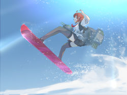 Rule 34 | 1girl, ahoge, arashi (kancolle), black skirt, black thighhighs, black vest, blouse, day, from side, kantai collection, open mouth, outdoors, red hair, red neckwear, rigging, shirt, short hair, short sleeves, skirt, sky, snow, snowboard, snowboarding, solo, thighhighs, vest, white shirt, yamaioni (sasakama)