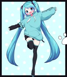 Rule 34 | 1girl, aqua background, aqua eyes, aqua hair, aqua hoodie, aqua nails, asymmetrical sleeves, black shorts, black sleeves, black thighhighs, blush, clothes writing, commentary, drawstring, full body, hair ornament, hatsune miku, highres, hood, hoodie, kasaki sakura, leg up, long hair, looking at viewer, nail polish, open mouth, outstretched arms, paw print, polka dot, polka dot background, shorts, sleeves past wrists, smile, solo, standing, standing on one leg, thighhighs, twintails, uneven sleeves, very long hair, vocaloid
