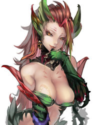 Rule 34 | 1girl, :q, breasts, claws, cleavage, cum, cum on body, cum on breasts, cum on upper body, highres, kumiko shiba, league of legends, long hair, looking at viewer, red hair, simple background, slit pupils, smile, solo, tongue, tongue out, white background, yellow eyes, zyra