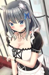 Rule 34 | 1girl, animal ears, apron, blue eyes, blush, bow, breasts, cat ears, cleavage, closed mouth, collarbone, frilled apron, frills, grey hair, hair bow, highres, large breasts, long hair, maid, original, short sleeves, solo, takapii, upper body, waist apron, wavy hair, wrist cuffs