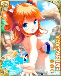 Rule 34 | 3girls, beach, blue bow, blue eyes, blue sky, bow, breasts, day, girlfriend (kari), hair behind ear, innertube, large breasts, multiple girls, ocean, official art, open mouth, orange hair, outdoors, outstretched arm, pointing, qp:flapper, reaching, reaching towards viewer, rock, sagara emi, sky, smile, surprised, swim ring, swimming, swimsuit, tagme, towel, twintails, umbrella