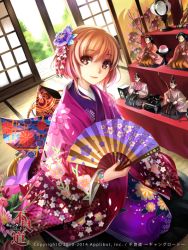 Rule 34 | 1girl, brown eyes, closed mouth, day, hand fan, female focus, flower, hair flower, hair ornament, indoors, kriss sison, looking at viewer, orange hair, original, plant, short hair, sitting, smile, solo, traditional clothes
