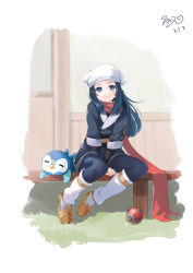 Rule 34 | 1girl, absurdres, akari (pokemon), bench, black hair, closed mouth, commentary request, creatures (company), day, game freak, gen 4 pokemon, grass, highres, long hair, long scarf, loose socks, nainai, nintendo, on bench, outdoors, piplup, poke ball, poke ball (legends), pokemon, pokemon (creature), pokemon legends: arceus, red scarf, scarf, sidelocks, signature, sitting, smile, socks