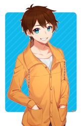 Rule 34 | 1girl, absurdres, androgynous, bad id, bad pixiv id, blue background, blue eyes, brown hair, brown jacket, collarbone, collared jacket, commentary request, copyright request, cross, cross earrings, diagonal stripes, drawstring, earrings, eyebrows hidden by hair, glint, grin, hands in pockets, highres, indie virtual youtuber, jacket, jewelry, latin cross, long sleeves, looking at viewer, reverse trap, sakura chiyo (konachi000), shirt, short hair, signature, smile, solo, striped, striped background, two-tone background, virtual youtuber, white background, white shirt